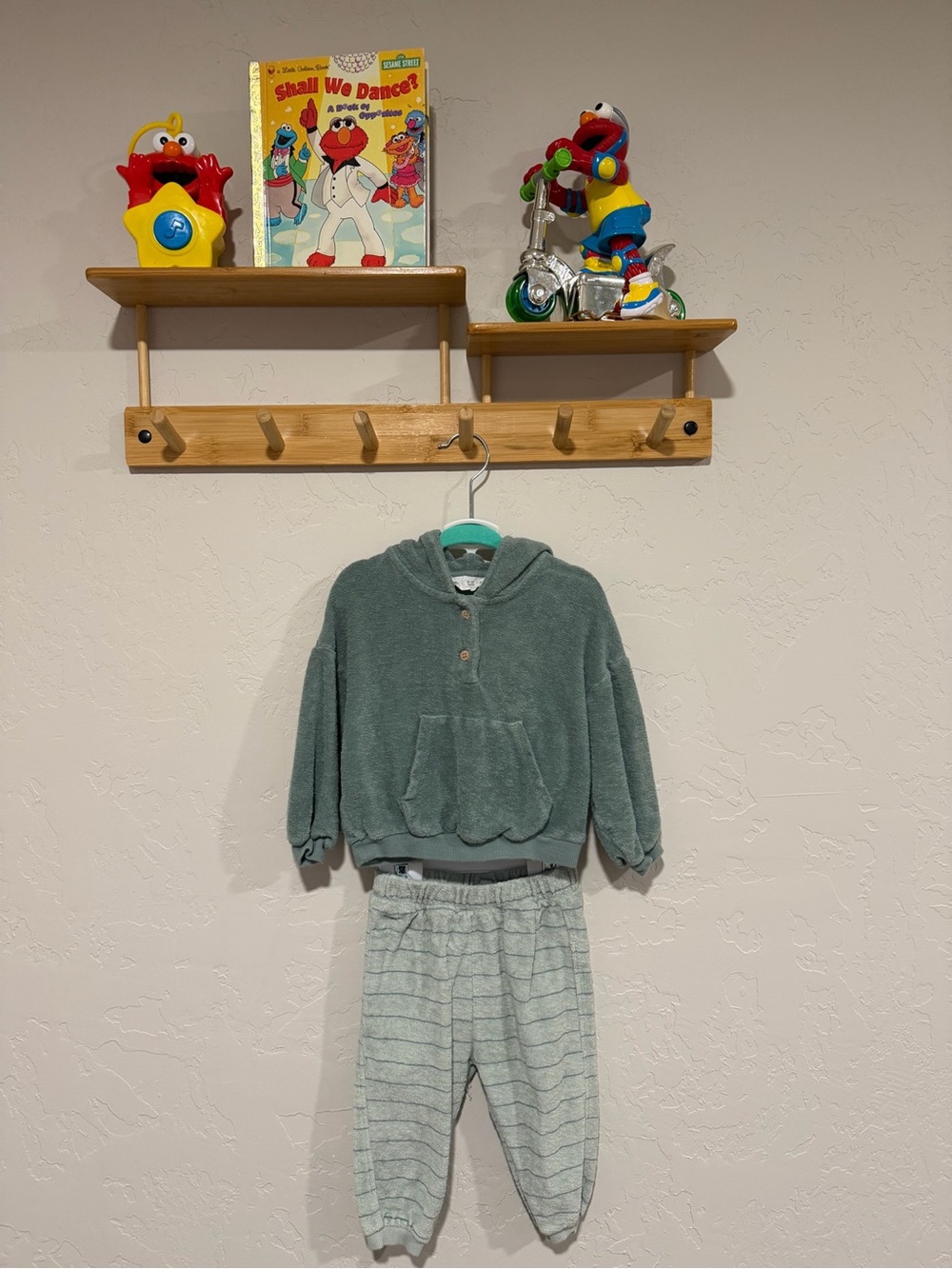 Zara Kids Sage Green Plush Hoodie & Stripe Jogger Set